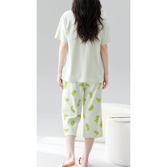 100% Cotton Women Capri Pajama Set 2Pcs Short Sleeve Top Capris pants Sleepwear - Picture 8 of 10